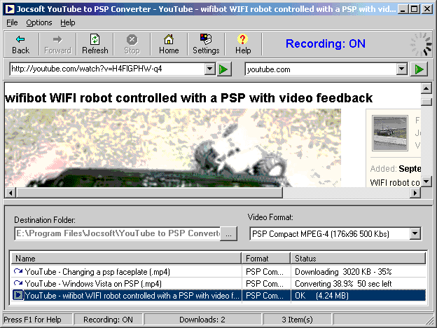 youtube to PSP converter screen